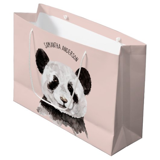 Moderne Waterverf Panda met naam en pastelroze Groot Cadeauzakje (Voorkant Gekanteld)