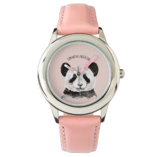 Moderne Waterverf Panda met naam en pastelroze Horloge
