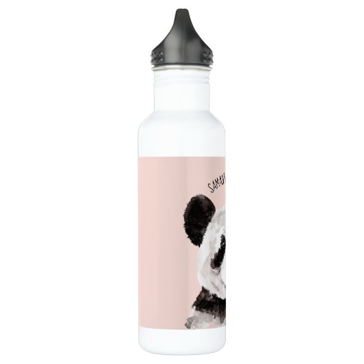 Moderne Waterverf Panda met naam en pastelroze Waterfles (Links)