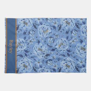 Moderne Waterverf Pastel Blue Flowers Patroonnaam Theedoek