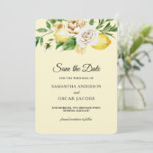 Moderne waterverf pastelgele citroenen & blad save the date (Staand voorkant)