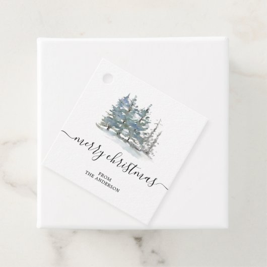 Moderne waterverf pijnbomen kerstcadeau label (In situ)