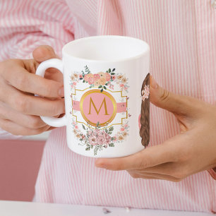 Moderne Waterverf Pink Flowers M Monogram voor haa Koffiemok