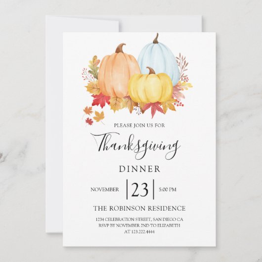 Moderne Waterverf Pompoen Thanksgiving Dinner Kaart (Voorkant)