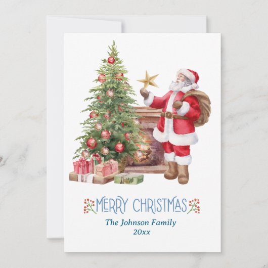moderne waterverf rode kerstman met een kerstboom feestdagenkaart (Voorkant)