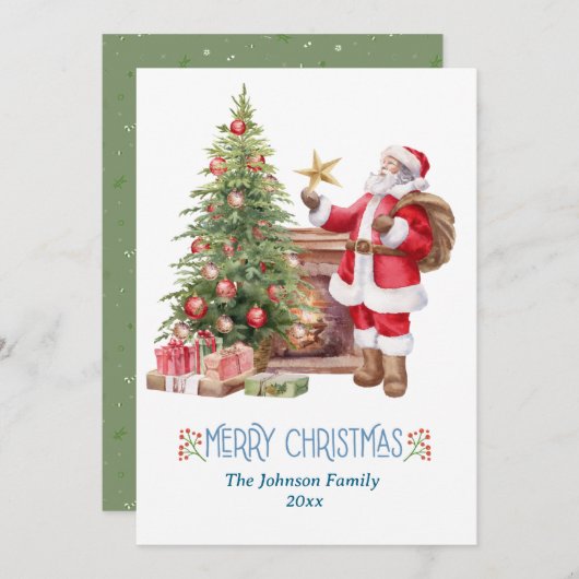 moderne waterverf rode kerstman met een kerstboom feestdagenkaart (Voorkant / Achterkant)
