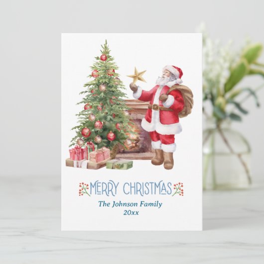 moderne waterverf rode kerstman met een kerstboom feestdagenkaart (Staand voorkant)