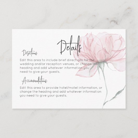 Moderne Waterverf Roze Bloemen Details Bruiloft Informatiekaartje (Voorkant)