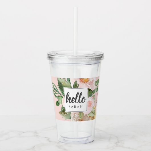 Moderne Waterverf roze bloemen & Hallo & naam Acryl Drinkbeker (Voorkant)