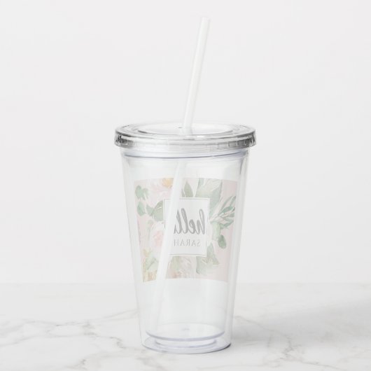 Moderne Waterverf roze bloemen & Hallo & naam Acryl Drinkbeker (Achterkant)