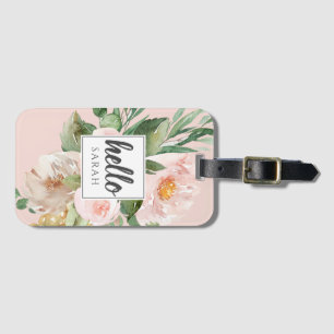 Moderne Waterverf roze bloemen & Hallo & naam Bagagelabel