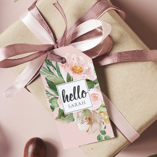 Moderne Waterverf roze bloemen & Hallo & naam Cadeaulabel