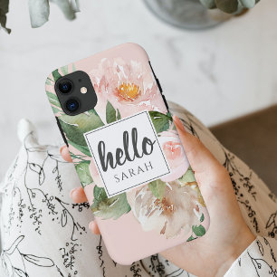 Moderne Waterverf roze bloemen & Hallo & naam iPhone 11 Hoesje