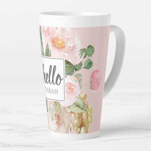 Moderne Waterverf roze bloemen & Hallo & naam Latte Mok (Rechterhoek)