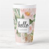 Moderne Waterverf roze bloemen & Hallo & naam Latte Mok (Voorkant)