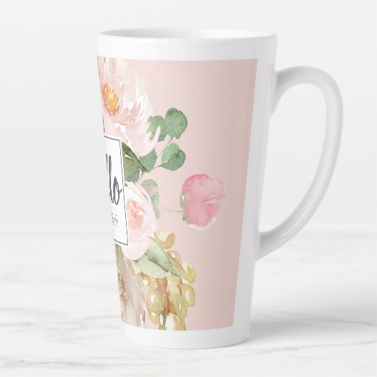 Moderne Waterverf roze bloemen & Hallo & naam Latte Mok (Rechts)