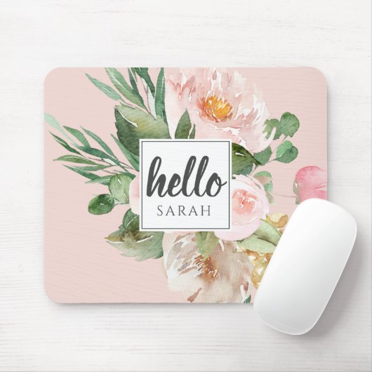 Moderne Waterverf roze bloemen & Hallo & naam Muismat (Met muis)