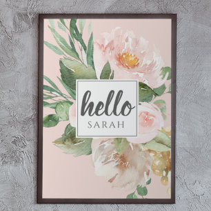 Moderne Waterverf roze bloemen & Hallo & naam Poster