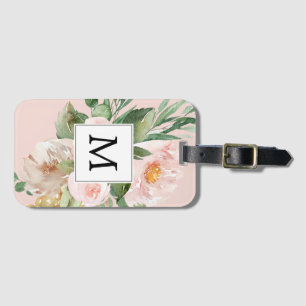 Moderne Waterverf Roze Bloemen Monogram Bagagelabel