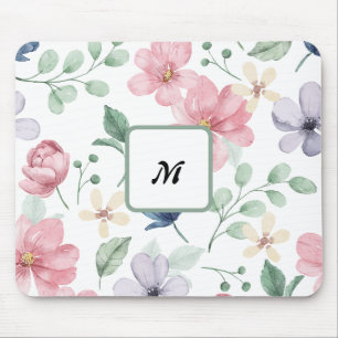 Moderne Waterverf Roze Bloemen Monogram Muis Muismat
