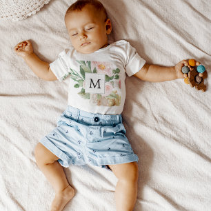 Moderne Waterverf Roze Bloemen Monogram  Romper