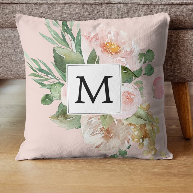 Moderne Waterverf roze bloemen monogrammen Kussen (Creator heeft geüpload)