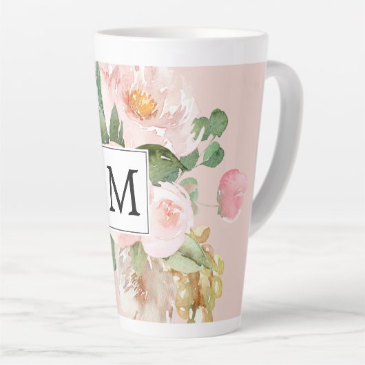Moderne Waterverf roze bloemen monogrammen Latte Mok (Rechterhoek)