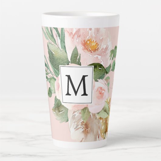 Moderne Waterverf roze bloemen monogrammen Latte Mok (Voorkant)