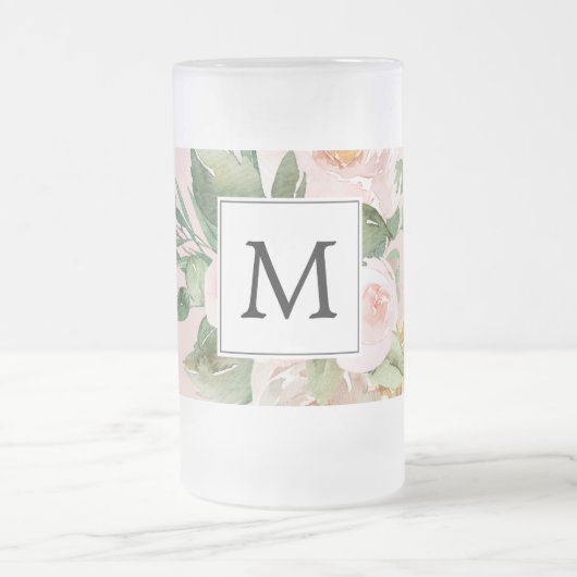 Moderne Waterverf roze bloemen monogrammen Matglas Bierpul (Center)