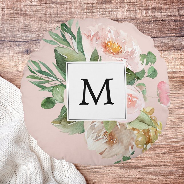 Moderne Waterverf roze bloemen monogrammen Rond Kussen (Creator heeft geüpload)