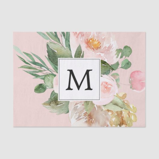 Moderne Waterverf roze bloemen monogrammen Tissuepapier (Voorkant)