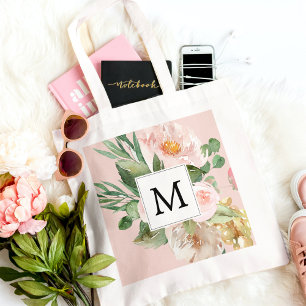 Moderne Waterverf roze bloemen monogrammen Tote Bag