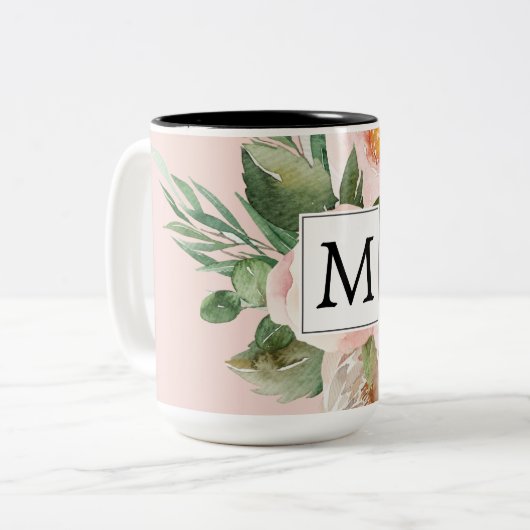 Moderne Waterverf roze bloemen monogrammen Tweekleurige Koffiemok (Voorkant links)