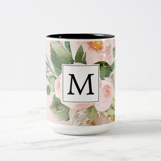 Moderne Waterverf roze bloemen monogrammen Tweekleurige Koffiemok (Center)