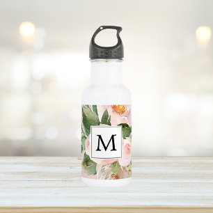 Moderne Waterverf roze bloemen monogrammen Waterfles