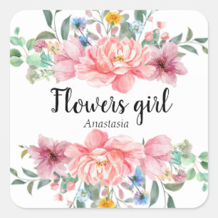 Moderne Waterverf roze bloemen Vierkante Sticker