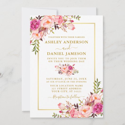 Moderne Waterverf roze bruusse gouden bruiloft Kaart (Voorkant)