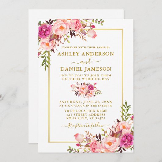 Moderne Waterverf roze bruusse gouden bruiloft Kaart (Voorkant / Achterkant)