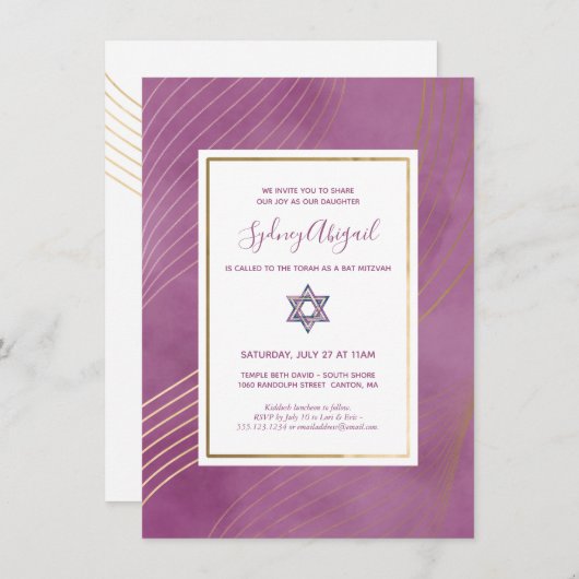Moderne Waterverf Roze en Gouden Vleermuis Mitzvah Kaart (Voorkant / Achterkant)