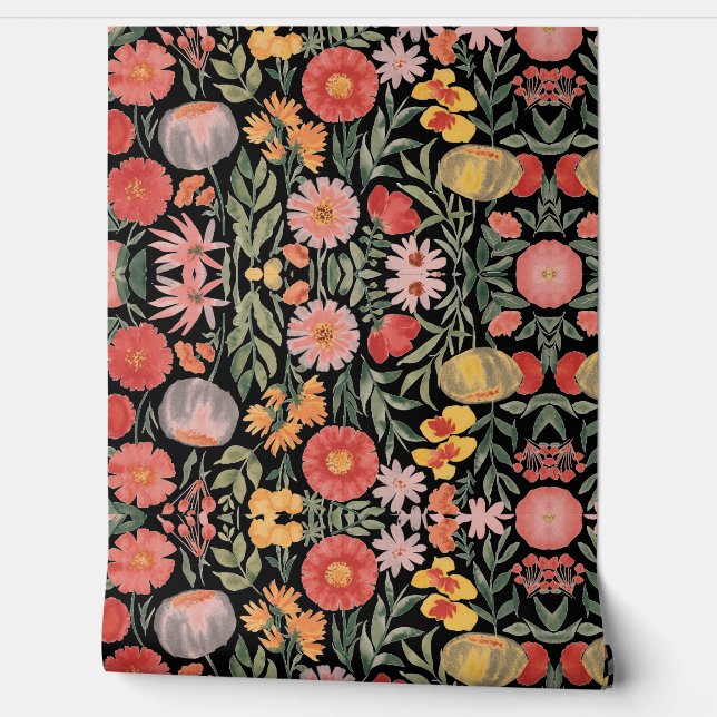 Moderne waterverf roze oranje bloemetjes behang (Afrollen)