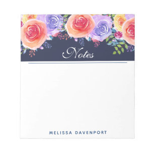 Moderne Waterverf Rozen Floral Bouquet Blue Border Notitieblok
