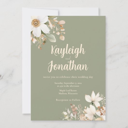 Moderne Waterverf Sage Groene Bloemen Bruiloft Kaart (Voorkant)