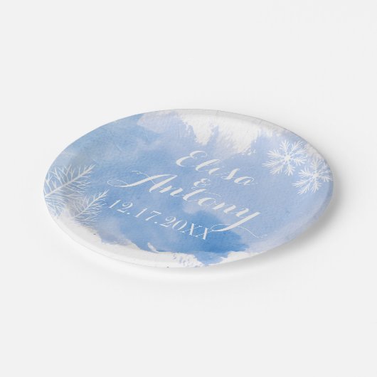 Moderne waterverf spetst blauwe winterbruiloft papieren bordje (Gekanteld)