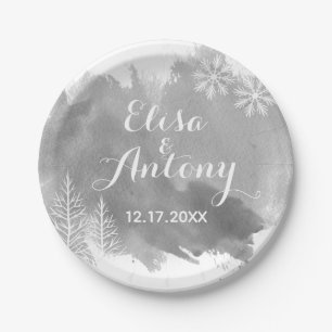 Moderne waterverf spetst grijze winterbruiloft papieren bordje