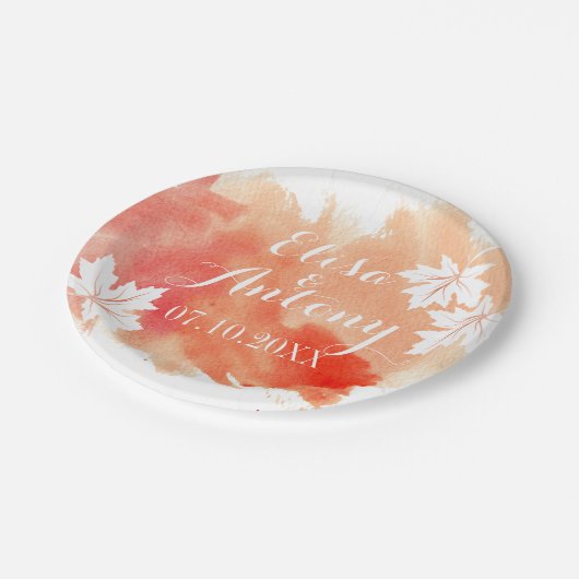 Moderne waterverf splash koraal perzik bruiloft papieren bordje (Gekanteld)