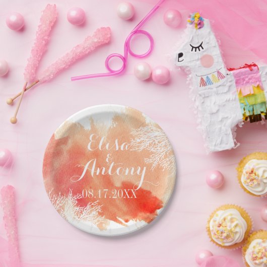 Moderne waterverf splash koraalrif bruiloft papieren bordje (Feest)