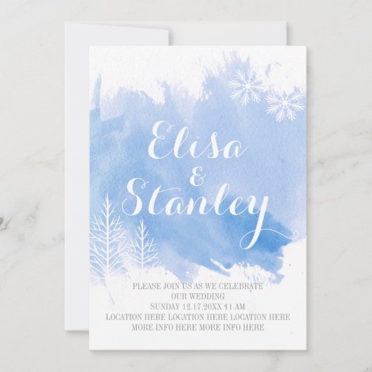 Moderne waterverf splash lichtblauw winterbruiloft kaart (Voorkant)