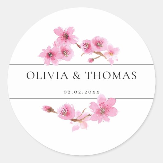Moderne Waterverf Spring Cherry Blossom Wedding Ronde Sticker (Voorkant)
