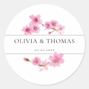 Moderne Waterverf Spring Cherry Blossom Wedding Ronde Sticker
