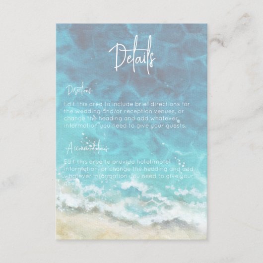 Moderne Waterverf Strand & Zee Details Bruiloft Informatiekaartje (Voorkant)